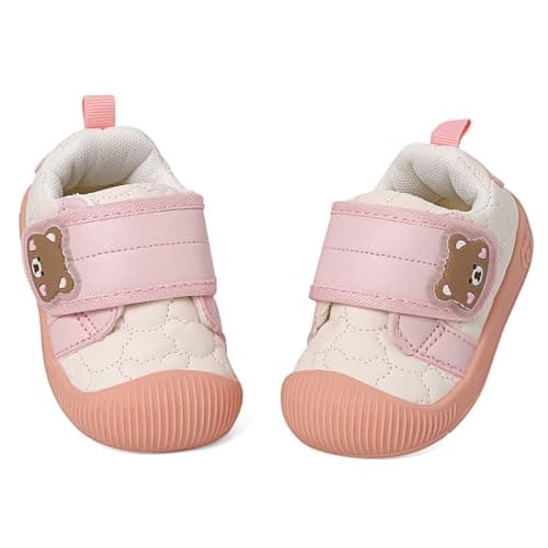 Image of MASOCIO Baby Shoes Girls First Walking Pre Walkers Soft Sole Toddler Trainers Infant 12-18 Months Size 4 UK Child Pink