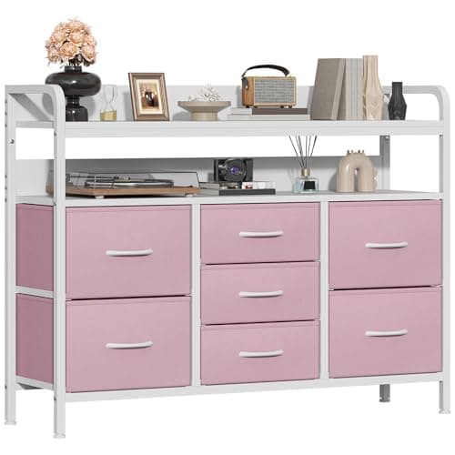 Image of GoaHi Chest of Drawers Bedroom, 7 Fabric Drawers with 2 Layers Shelf, Storage Organizer Unit for Bedroom Living Room Closet, Sturdy Steel Frame & Wooden Top, Fabric Dresser, Pink