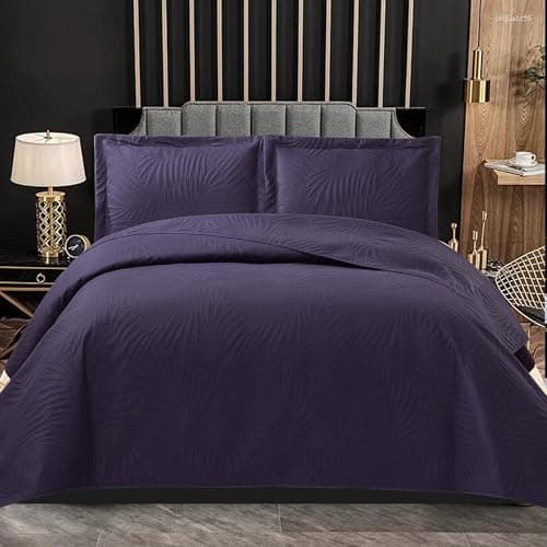 Image of PHP Bedspread Bed Throws for Bedroom Decor - Decorative Embossed Tropical Leaf Pattern Quilted Fabric Reversible Quilt Bedspreads Coverlets with Pillow Case (Single, Aubergeen)