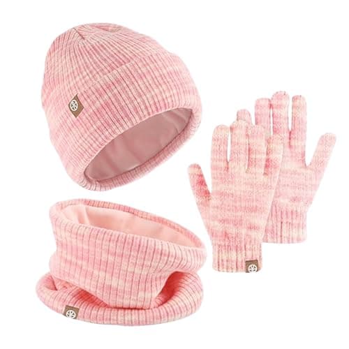 Image of AWAVM Kids Winter Hat Scarf Gloves Set 3 PCS Warm Thermal Knitted Beanie Cap Snood Neck Warmer Touchscreen Mitten Soft Fleece Lining Elastic for Children Aged 5-12 Outdoor Sports (Pink Mix)