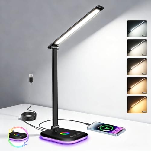 Image of 10W LED Desk Lamp with RGB Night Light, 5 Colors Stepless Dimming Table Lamp with USB Charging Port, Touch Control, Memory Function, Bedside Mood Light, for office work, study, and reading, Black