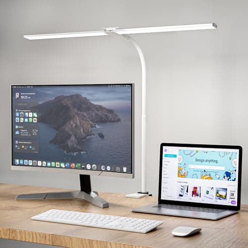 Image of Hensam LED Desk Lamp for Office,Double Head Desk Light with Clamp,Eye-Caring Monitor Light Bar 5 Color Modes,Touch Control Table Lamp for Study,Bedroom,Work,Task,Reading,Adapter,12W,1400 Lumen White