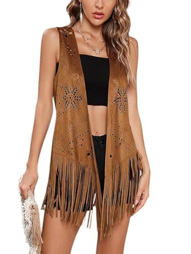 Image of Women Tassel Vest 70s Hippie Costume Sleeveless Rivet Fringe Open Front Faux Suede Waistcoat Jacket Western Hippie Long Cardigan (B-Brown, 2XL)