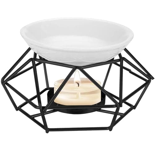 Image of XFLYP Candle Aroma Burner, Metal Essential Oil Burner Wax Melt Burner with Ceramic Bowl, Geometric Ceramic Essential Oil Candle Holder Home Office Decoration