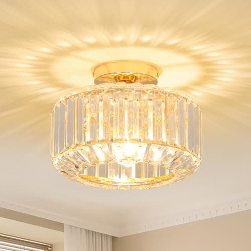 Image of Rayofly Modern Crystal Chandeliers, Gold Ceiling Light Fitting with Glass Lampshade, Semi Flush Lights for Living Room, Bedroom, Kitchen, Hallway, Bathroom