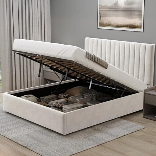 Image of Ottoman Bed Frame Gas Lift Up Bed Upholstered King Size Bed Frame, Wooden Slats Space Saving UKFR Velvet Bed with Storage, 5ft Beige King No Mattress