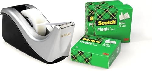 Image of Scotch Tape Dispenser in Silver with 4 Rolls of Scotch Magic Tape 19mm x 33m - Ideal for School, Home and Office