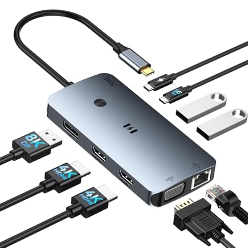 Image of USB C Docking Station 3 Monitor with 2 HDMI 4K@60Hz, DisplayPort 8K@30Hz, VGA, Laptop Docking Station Dual Monitor Triple Display with 3xUSBA & C 3.0, RJ45 Ethernet,100W PD for Dell,HP,Lenovo,Windows