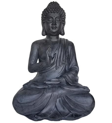 Image of Large Dark Stone Effect Sitting Buddha Garden Ornament Durable Weather Resistant Height 74cm Weight 8kg Indoor Outdoor Decor
