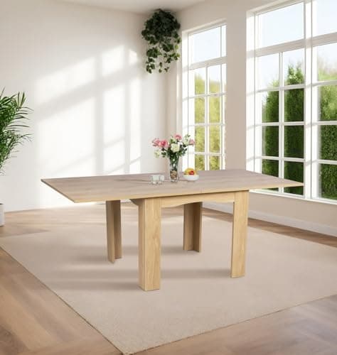 Image of Hallowood Furniture Newquay Oak Effect Extending Flip Top Table, Wooden Fold Away Folding Dining Table with Extendable Leaves, Perfect for Home, Kitchen and Restaurant