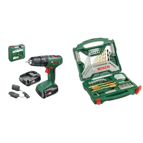 Image of Bosch Cordless Combi Drill EasyImpact 18V-40 (2 Batteries 2.0 Ah, 18 Volt System, in Carrying Case) + 70-Pieces X-Line Titanium Drill and Screwdriver Bit Set (for Wood, Masonry and Metal, Accessories)