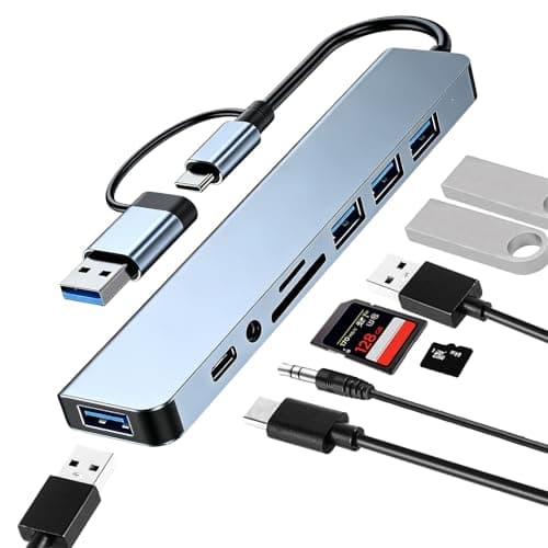 Image of 8 in 1 USB C Hub, Usb C Hub Multiport Adapter with 4 USB Ports, 3.5mm Headphone Jack, SD/TF Card Reader, USB C Data Port, Usb Hub Compatible with MacBook Laptop PS5/PS4 Flash Drive HP and More