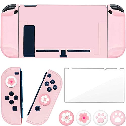 Image of OLDZHU Pink Dockable Protective Case Cover Compatible with Nintendo Switch Joy-Con Controllers,with Glass Screen Protector and 4 Thumb Grips,Shock-Absorption and Anti-Scratch (Pink)