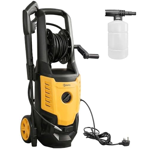Image of Outsunny 2200W High Pressure Washer, 170 Bar Pressure, 420 L/h Flow, Portable Electric Power Washer Jet Wash Cleaner with Adjustable Nozzle 6M Hose and Hose Reel for Home Patio Car Driveway, Yellow