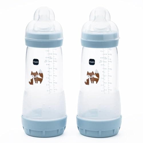 Image of MAM Easy Start Anti-Colic Baby Bottles | 2 Pack (2 x 320ml) | Self-Sterlising | Fast Flow MAM Teats Size 3 | Baby Accessories | Powder Blue (Various Designs)