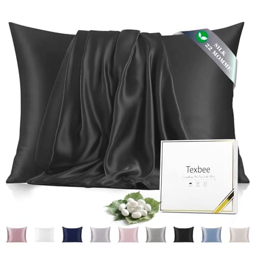 Image of Texbee Silk Pillowcase, 22 Momme Mulberry Silk Pillowcases for Hair and Skin Health, Soft Smooth Breathable Cool Pure Pillow Case for Beauty Sleep, with Gift Box, 1pc (Standard 50x66 cm, Black)