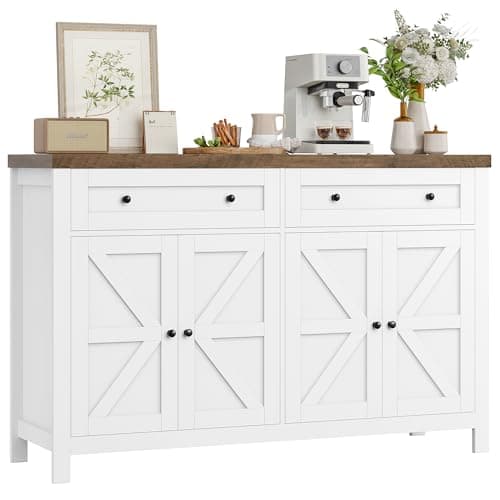 Image of HOCSOK Kitchen Sideboard, 140cm Kitchen Storage Cabinets with 2 Drawers, White Buffet Cupboard with Adjustable shelf, Modern, for Living Room, Hallway, Dining Room