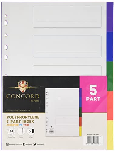 Image of Concord Plastic Subject Dividers Polypropylene 120 Micron Europunched 5-Part A4 Assorted Ref 06801