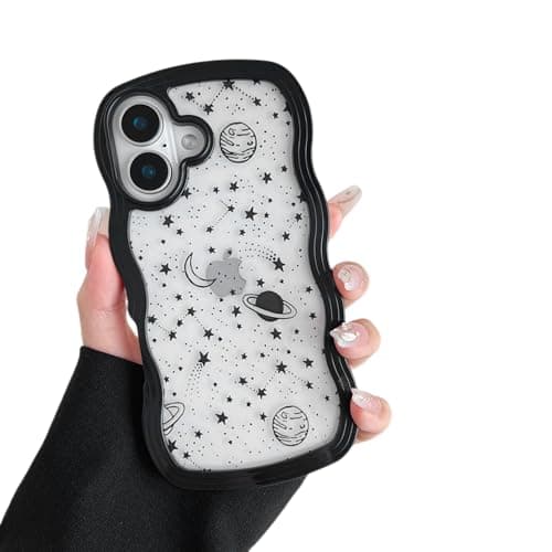 Image of ZTOFERA for iPhone 16 Case 6.1 inch,Cute Curly Wave Frame Shape Case with Star Space Pattern, Clear Slim Shockproof Hard PC Bumper Phone Cover for iPhone 16, Black