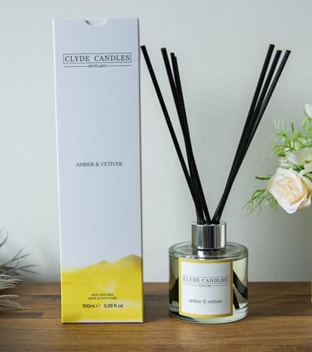Image of Amber & Vetiver Reed Diffuser - Clyde Candles, Luxury Diffuser Oil with a Set of 7 Fibre Sticks, 100ml, Best Aroma Scent for Home, Kitchen, Living Room, Bathroom. Fragrance Diffusers set with sticks