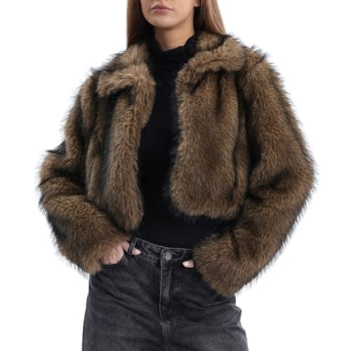 Image of Amazhiyu Womens Faux Fur Coat with Pockets, Lapels Winter Long Sleeve Jacket Open Front Outwear Plush Warm Cardigan khaki XL