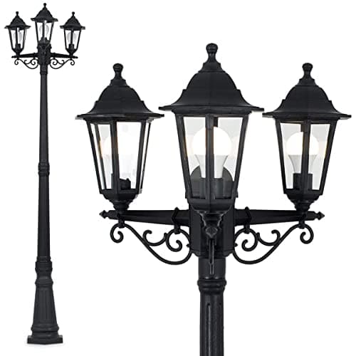 Image of CGC Lighting Black Outdoor Three Traditional Tall Post Lantern Vintage Triple Head Light Garden Patio Lamp Weatherproof Corrosion Resistant Outside Door Rust Proof Coastal Exterior Victorian