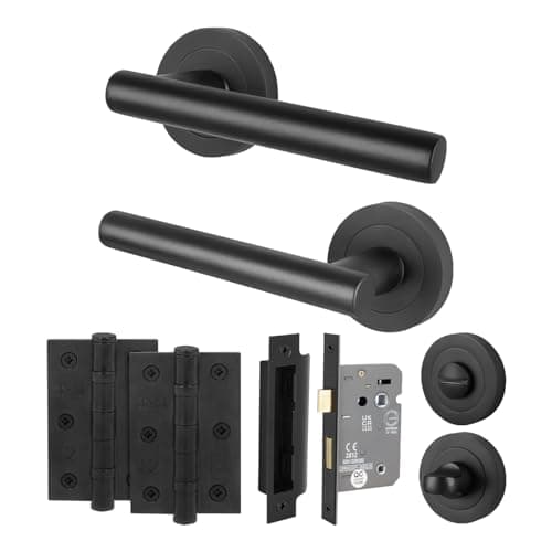 Image of EAI Black Bathroom Door Handles with Lock Set, 1 Pair of Internal Matt T-Bar Round Rose Door Handles, Lock 64mm, Hinges 64mm - Oliena Range