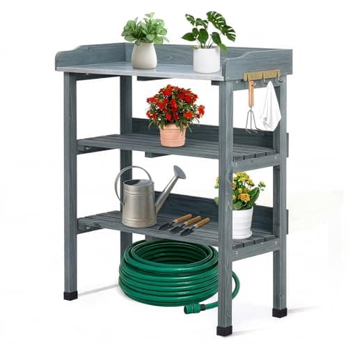 Image of Outopee Outdoor Garden Potting Bench Table, Wooden Germination Table Planting Work Station with Metal Tabletop, 2 Storage Shelves, 3 Hooks, 74 * 36 * 90CM, Grey