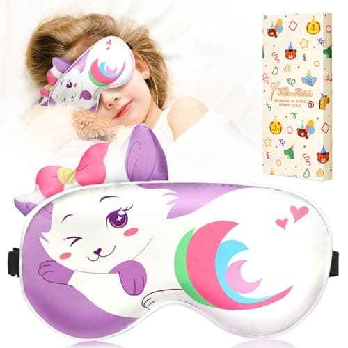 Image of Miss Adola Sleep Mask for Kids - Cute Cartoon Silk Eye Cover for Sleeping Kawaii Soft Eyeshade Animal Eye Blindfold with Adjustable Strap for Kids Girls Boys Teens, Cat