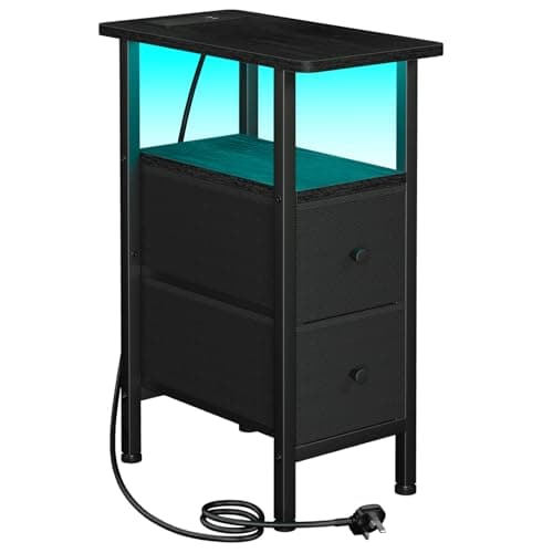 Image of AMHANCIBLE Slim Bedside Table with Charging Station, Narrow Side Table with LED Lights, Small End Table with 2 Fabric Drawers, Nightstand for Small Spaces, Living Room, Bedroom, Black HETNDP02LBK-1