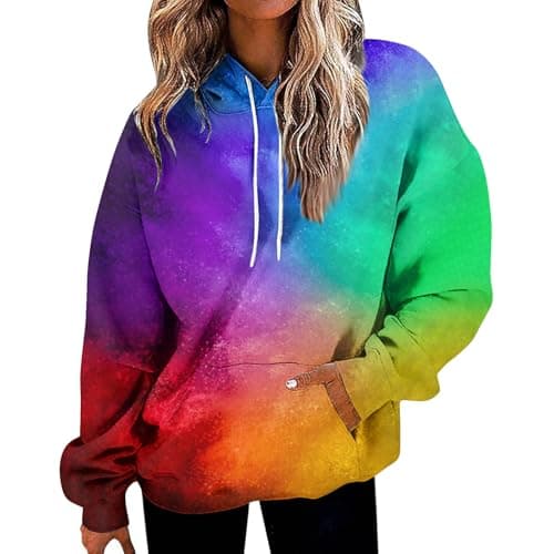 Image of BUhuiBabubu Tie Dye Sweatshirts Hoodies for Women Uk - Ladies Rainbow Lightweight Long Sleeve Pullover Tops - Soft Comfy Fleece Hoodie for Autumn Winter Outfits,Purple,L,u58k