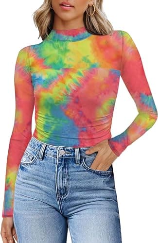 Image of WIHOLL Women's Sheer Tops Mesh Blouses Mock Turtle Neck Long Sleeve Tops Mesh Ruched Sexy Lace Shirts Womens Tops Gradient Color,M