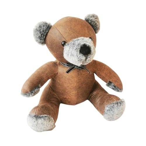 Image of Antique and Sophisticated Cute 32CM Teddy Bear Door Stop - Soft Fabric Design with Brown Leather Door Bumper & Stylish Home Decoration for Any Room, Office and Home (Antique Brown/Grey)
