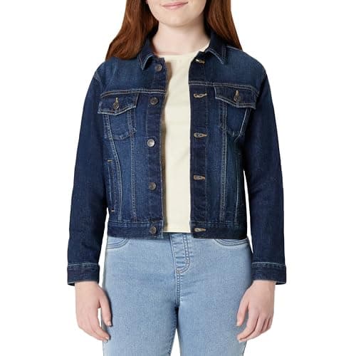Image of Amazon Essentials Unisex Kids' Medium Stretch Regular-Fit Denim Trucker Jacket for Boys and Girls, Dark Wash, 8 Years