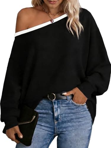 Image of Dressmine T Shirts for Women Tops Off Shoulder Sweatshirts Batwing Cold Shoulder Asymmetrical Spring Clothing Black Jumpers Size 14