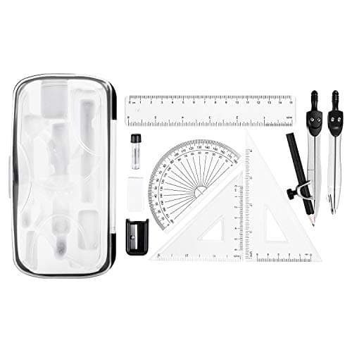 Image of Amazon Basics 10-Piece Maths Kit - Includes Compasses, Lead, Rubber, Sharpener, Protractor, Triangles, Ruler and Carrying Box