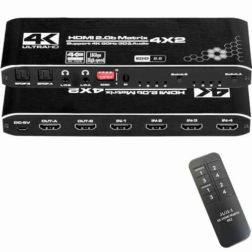 Image of Wizon 4K@60Hz HDMI Matrix Switch 4X2 with ARC, 4 in 2 Out Matrix HDMI Video Switcher Splitter + Optical & 3.5mm Stereo Audio, Scaler 4K 1080P Synch, HDM I Audio Extractor with IR Remote Control