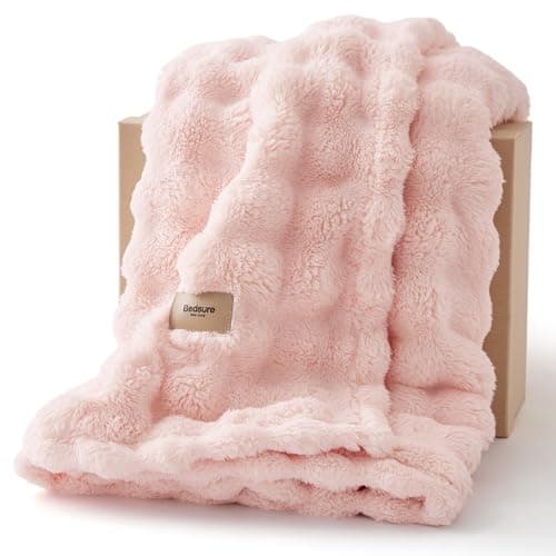 Image of Bedsure Cosy Bubble Fleece Blanket - Soft Plush Throw Blanket for Adults, Lightweight & Warm, Pink, 130x170 cm for Sofa Throw, Bed, Gift Idea