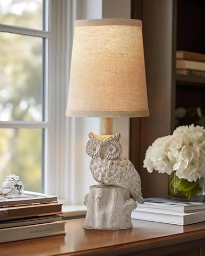 Image of G-SAFAVA 14.25" Small Table Lamp for Living Room Farmhouse Bedside Resin Single Lamp with White Owl Lamp Shape for Bedroom Retro Rustic Nightstand Lamp