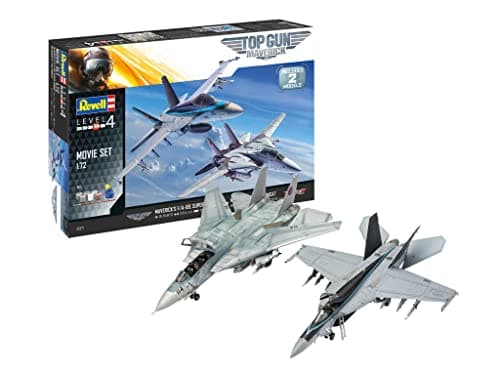 Image of Revell Gift Set 05677 Top Gun Movies F-14D Super Tomcat & F/A-18E Super Hornet 1:72 Scale Unbuilt Plastic Model Kits with Contacta Professional Glue, Paintbrush & Selected Aqua Color Paints