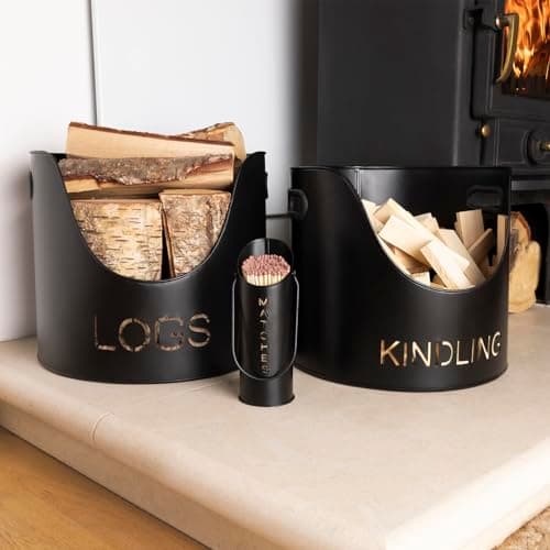 Image of CHARLES BENTLEY Fireplace Set, Snug, Hickory, Fireside Set, Large Wood Bucket, Small Kindling Bucket, Matchstick Holder, Matte, Fireplace Essentials, Handle, Match Lighter, Word Detailing (36x36x31cm)