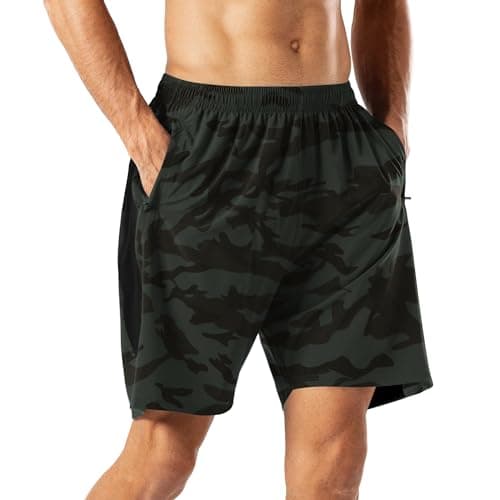 Image of HMIYA Men's Casual Sports Quick Dry Workout Running or Gym Training Short with Zipper Pockets(Camouflage Green,XXL)
