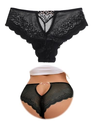 Image of ohmydear Women's Lace Brazilian Knickers Sexy Panties Cut-Out Back with Heart Charm Ladies Tanga Briefs Plus Size Underwear for Lingerie Outfits, UK 10 Black