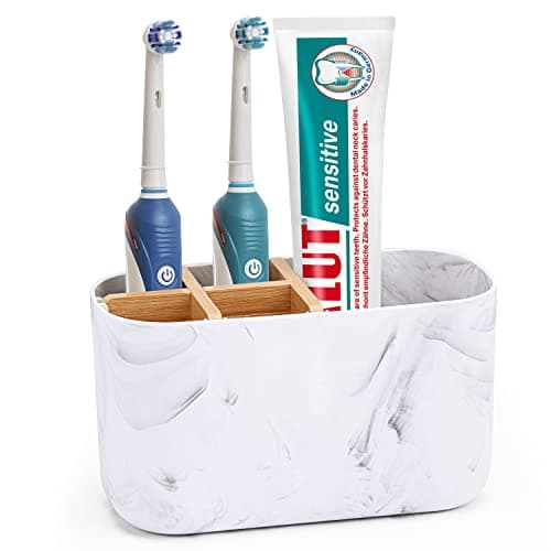 Image of CHONLY Bamboo Toothbrush Holder for Bathroom Storage Organizer Caddy, Electric Toothbrush Holder for Kids Family, 5 Slots Toothbrush and Toothpaste Holder White