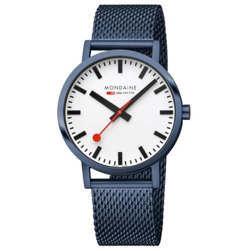 Image of Mondaine SBB Swiss Railways Classic Backlight Watch 40mm, Blue Mesh Strap, White Dial, Stainless Steel Case - Highly Legible, Durable, Easy-Change Strap