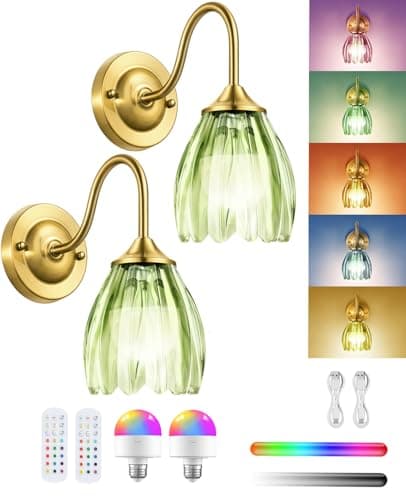 Image of LumaBrite Vintage Rechargeable Wall Lights - 8000mAh Wireless Wall Sconces (Set of Two) 12 RGB & 3 Color Temperatures Battery Operated Wall Lights Indoor with Remote, Green Glass Lampshade