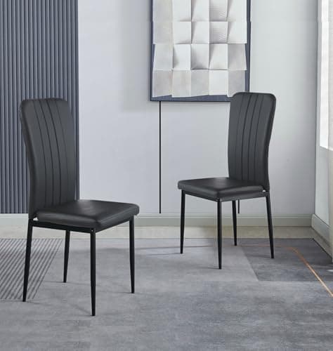 Image of Hallowood Furniture Cullompton Dining Chairs Set of 2, Upholstered Black Faux Leather Dining Chairs with Solid Back and Sturdy Metal Legs for Home, Office and Cafe