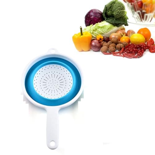Image of Long Handled Drain Basket,Silicone Collapsible Colander Sieve, Kitchen Foldable Colander Silicone Strainer, Environmentally Friendly Non-Toxic Easy to Clean.(White/Blue)