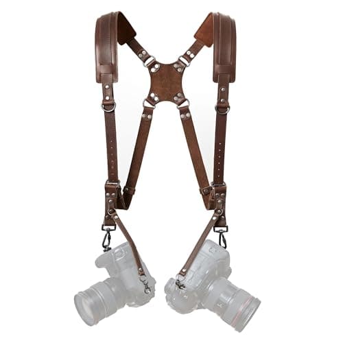 Image of Padwa Lifestyle Dark Brown Dual Camera Harness Strap for Two-Cameras - Dual Shoulder Full Grain Leather Harness,Multi Double Camera Gear for DSLR/SLR Strap,Double Camera Harness for Photographers