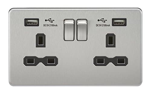 Image of Knightsbridge SFR9902BC Screwless 13A 2G Switched Socket with Dual USB Charger-Brushed Chrome with Black Insert, Silver